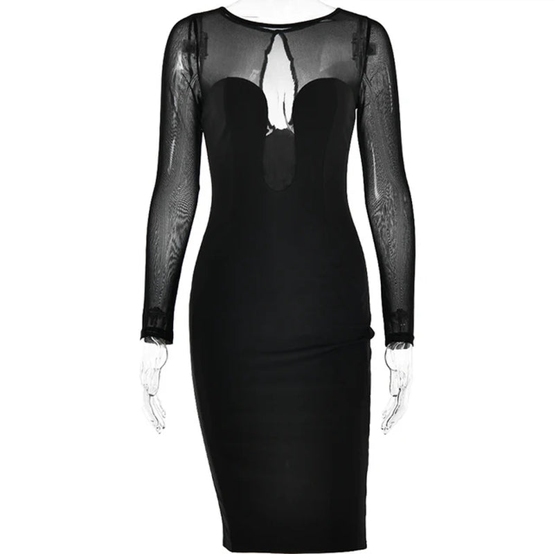 2024 Elegant Women'S Sheer Mesh Patchwork Long-Sleeved High-Waisted Mid Length Wrap Hip Split Hem Dress Party Evening Dress