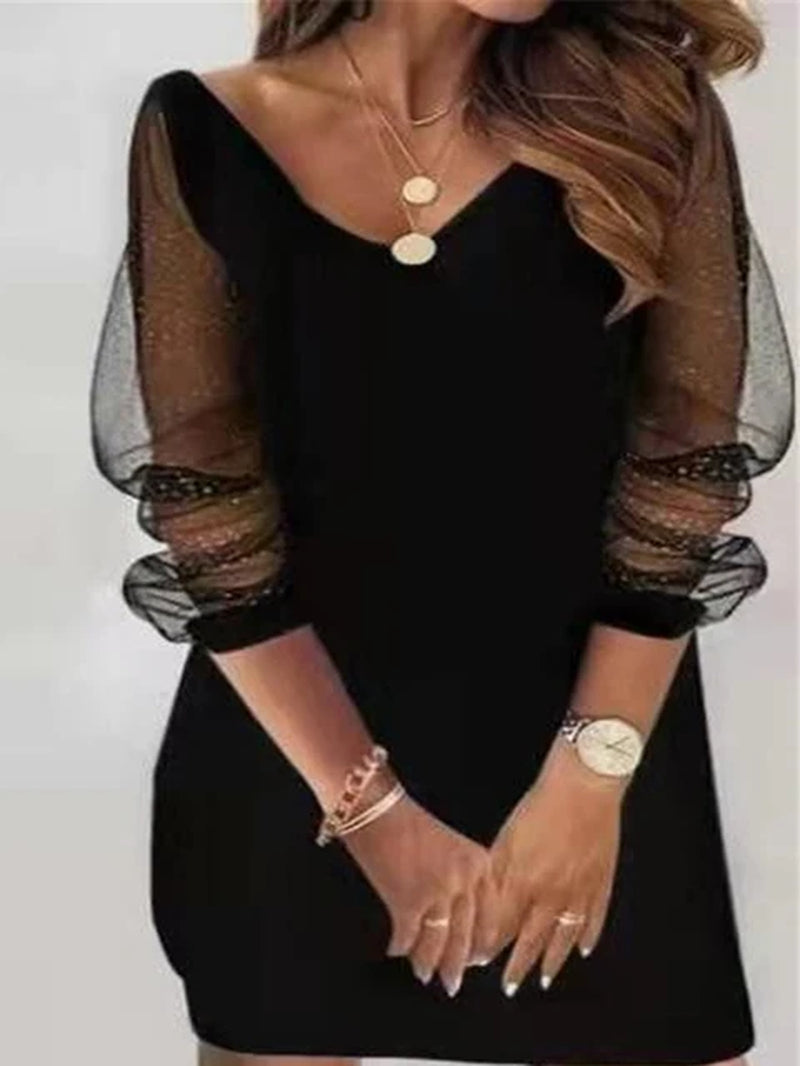 New Spring Autumn Long Sleeve Mesh Dress Casual Women V Neck Patchwork Mini Dress Elegant Femme Retro Print Party Dress Vestidos