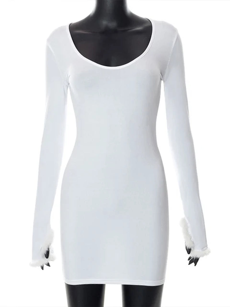 Low Cut V-Neck Long Sleeves Fur Patchwork Cuff Sexy Bodycon Fashion Solid High Waist Bandage Chic Casual Simple Dresses Clubwear