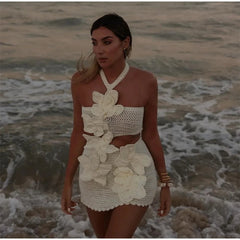 Women 3D Flower Knitted Halter Mini Dress Slim Crochet Hook Halter Dress Sexy Hollow Out Short Dresses Summer Female Beach Robes