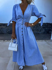 2024 Summer New V-Neck Women'S Denim Dress Solid Color Fashion Casual Sexy Holiday Elegant Long Dress Single-Breasted Clothing