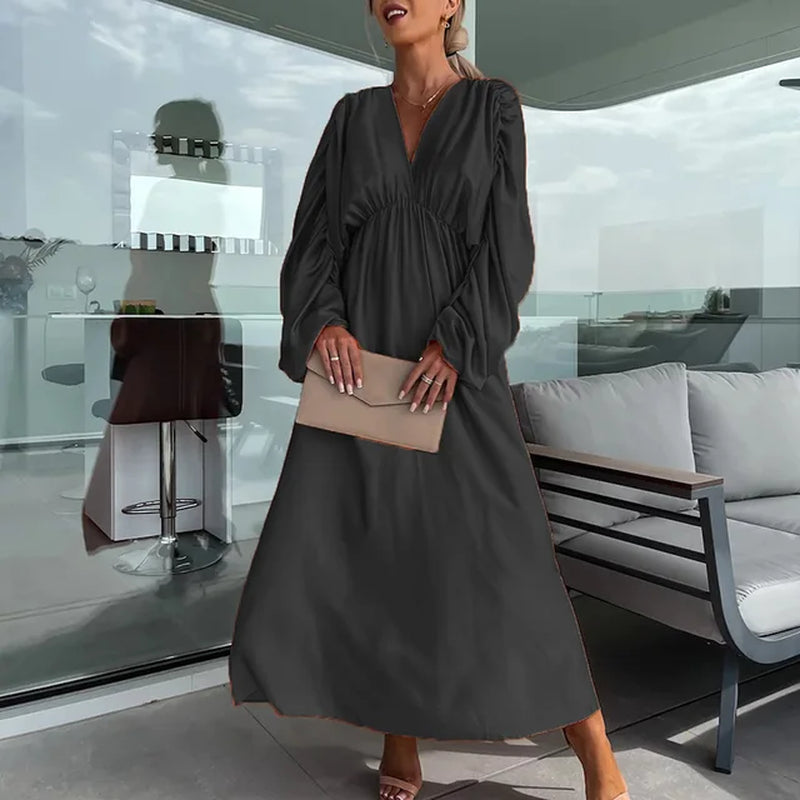 Shirring Patchwork Long Sleeve Holiday Dress Summer Loose Casual V Neck Lady Maxi Dress Solid Elastic Waist Women Ruffles Dress