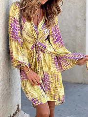 2023 Summer Bohemian Print Mini Dress Sexy Women V Neck Patchwork Streetwear Dress Elegant Femme Slim Long Sleeve Dress Vestido