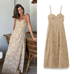 PB&ZA 2024 New Women'S Fashion and Elegance Flower Embroidered Midi Slimming Sleeveless Hanging Strap Dress