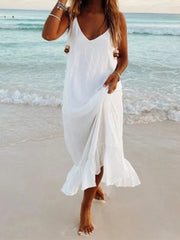 Women Beach Party Dress Sundress 2024 Summer Boho Styles Casual Sleeveless V-Neck Fashion Solid Flowy Holiday Maxi Ruffles Dress