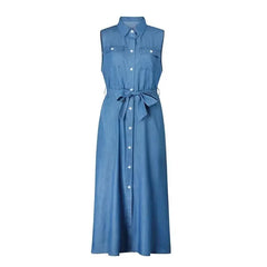 2023 Summer Denim Dress Women Turn down Collar Sleeveless Casual Loose Single Breasted Shirt Dress