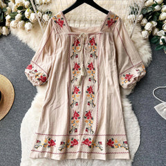 Boho Beach Cotton Floral Embroidery Mini Dresses Women Tunic Vintage Loose Short Dresses Summer Casual Tassel Vestidos