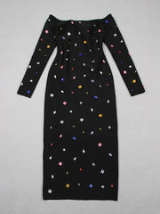 Party Dress Women Elegant Luxury Long Sleeve Square Collar Colorful Rhinestones Midi Length Bodycon Bandage Dress Evening Gowns