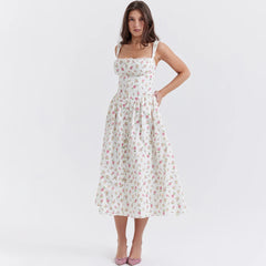 2023 Summer Spaghetti Strap Holiday Party Dresses Elegant Midi Button Lace up Dress Casual Women New in Dress