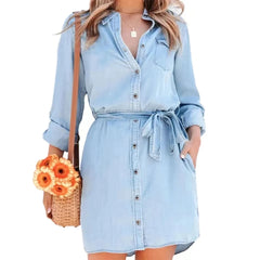 2023 Women Dress Long Sleeve Shirt Dress Lapel Collar Belt Retro Denim Dresses Pocket Button Casual Loose Dresses