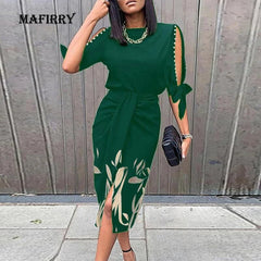 Bow Patchwork Long Sleeve Women Print Dress round Neck Hollow Out Folds Style Retro Dress Summer Female Casual Slim Party Dress