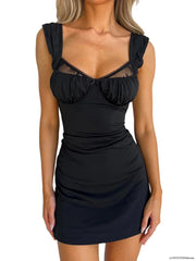 Women Summer Sexy Backless Short Dress Lace Patchwork Hollow Out High Waist a Line Cami Dress Night Party Clubwear Mini Dress