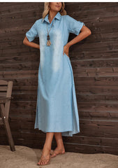 2023 Casual Women Loose Dress Lapel Vintage Summer Side Slitting Hem Loose Long Denim Dress