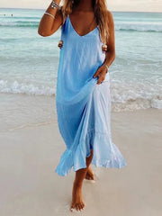 Women Beach Party Dress Sundress 2024 Summer Boho Styles Casual Sleeveless V-Neck Fashion Solid Flowy Holiday Maxi Ruffles Dress