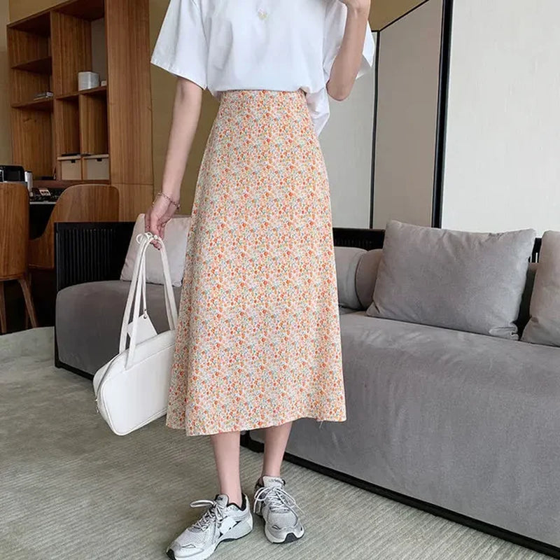2024 Summer New High-Waisted Chiffon A- Line Skirt Women'S Long Dress Casual Loose Fashionable Medium-Length Skirts
