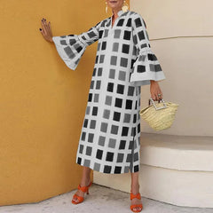 Elegant Women Flare Sleeve Loose Dress Female Patchwork Square Print Party Dress Casual Streetwear Beach Summer V Neck Dresses