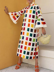 Elegant Women Flare Sleeve Loose Dress Female Patchwork Square Print Party Dress Casual Streetwear Beach Summer V Neck Dresses