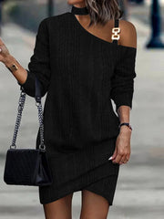 Autumn Winter Hollow Out Chain Patchwork Dress Elegant Office Lady Long Sleeve Slim Dress Casual Halter Women Mini Dress Vestido
