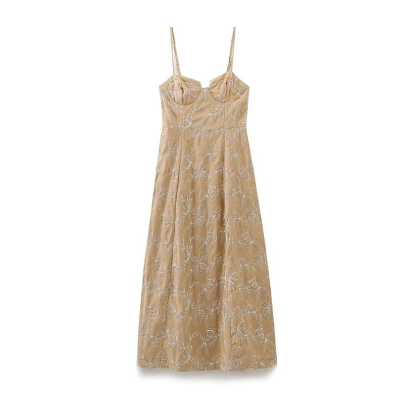 PB&ZA 2024 New Women'S Fashion and Elegance Flower Embroidered Midi Slimming Sleeveless Hanging Strap Dress
