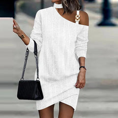 Autumn Winter Hollow Out Chain Patchwork Dress Elegant Office Lady Long Sleeve Slim Dress Casual Halter Women Mini Dress Vestido