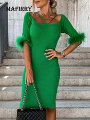 2022 Spring Summer Slash Neck Slim Fit Dress Patchwork Backless Solid Dresses for Women Elegant Female Party Half Sleeve Dress