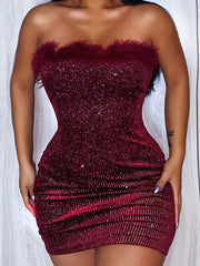 Bling Party Dress for Women Feather Fur Patchwork Strapless Backless Fashion High-Waist Sexy Slim Fit Mini Wrap Hip Dress Summer