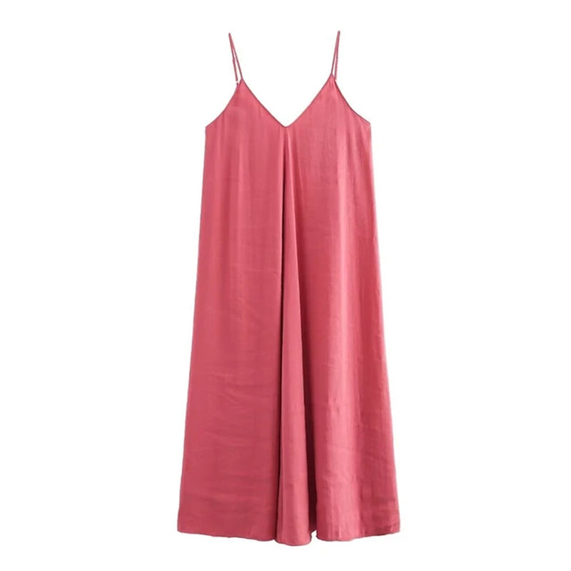PB&ZA 2024 Women'S New Fashionable Solid Color V-Neck Slim Strap Flowing Midi Open Back Loose Strap Dress