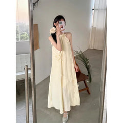2024 Spring Summer New French Style Elegant Flower Halter Neck Long Dress Pleated A- Line Loose-Fit Slimming Dress Sleeves