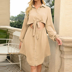 Polo Neck Buttoned Cut-Out Regular Long Sleeve Sexy A-Line Dress Street Spring Autumn New Stylish Irregular Belt Mini Skirt 2024