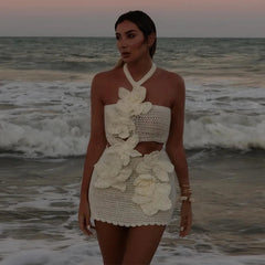 Women 3D Flower Knitted Halter Mini Dress Slim Crochet Hook Halter Dress Sexy Hollow Out Short Dresses Summer Female Beach Robes