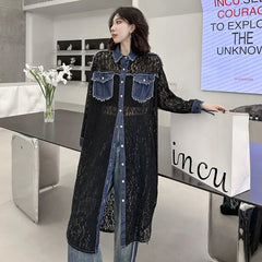 Women Denim Splice Lace Lapel Long Blouse Black Streetwear New Fashion Tide Long Sleeve Loose Fit Shirt Dress