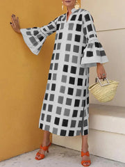Elegant Women Flare Sleeve Loose Dress Female Patchwork Square Print Party Dress Casual Streetwear Beach Summer V Neck Dresses