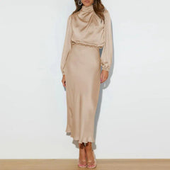 Women Dress Half-High Collar Satin Long Hollow Out Lantern Sleeve Tight Waist Evening Dress Wedding Cocktail Party Midi Dress