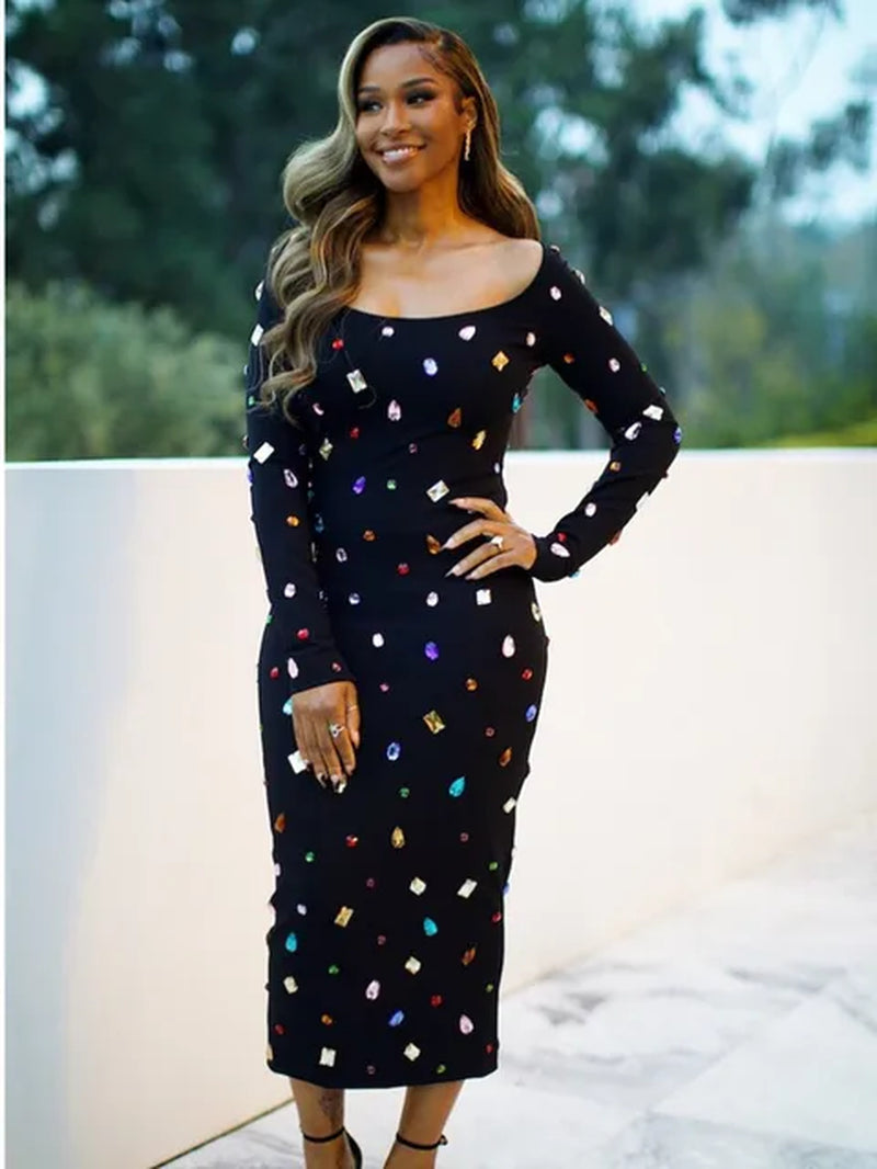 Party Dress Women Elegant Luxury Long Sleeve Square Collar Colorful Rhinestones Midi Length Bodycon Bandage Dress Evening Gowns