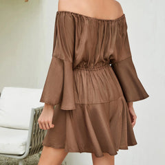 Summer Adjustable Lace-Up off Shoulder Flare Sleeve Cotton Linen Romper Women High Waist Solid Color Casual Dress