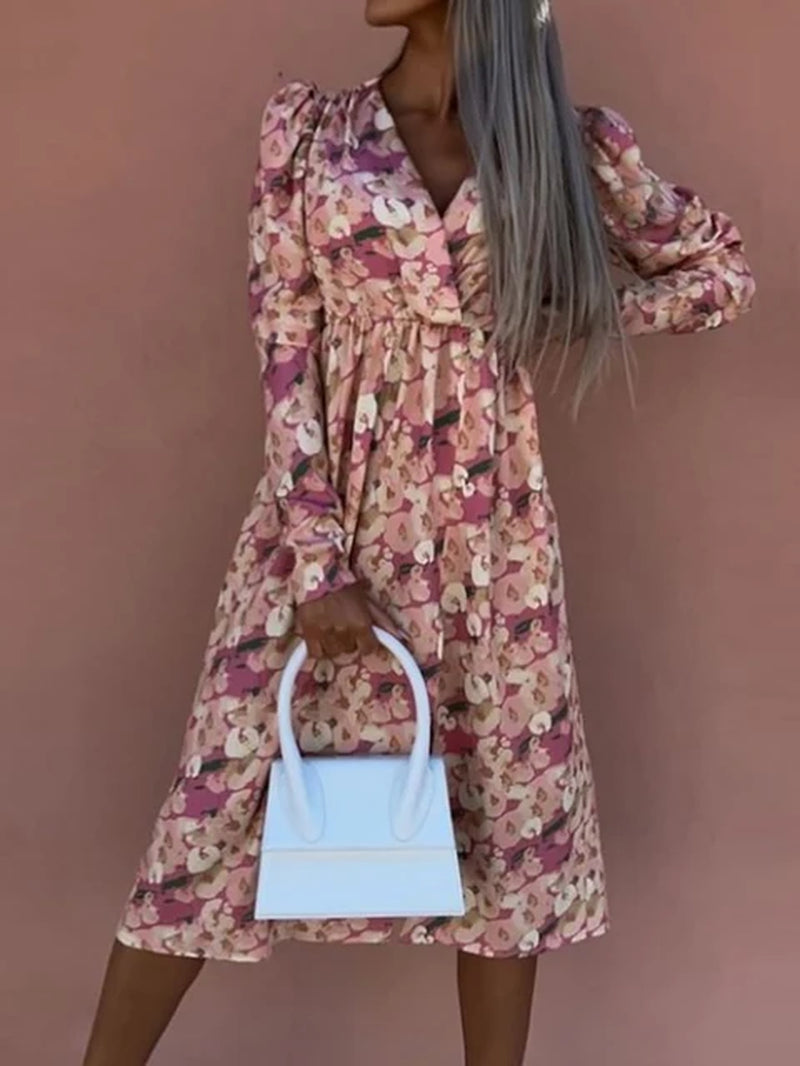 Vintage Leopard Print Office Lady Summer Dress V Neck Slim Elegant Women Midi Split Dress 2022 Casual Holiday Long Sleeve Dress