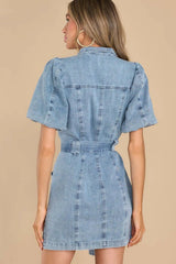 Casual Summer Women V Neck Washing Denim Dress Button Short Sleeve Dress Vintage Fashion Jean Belt Short Skirts