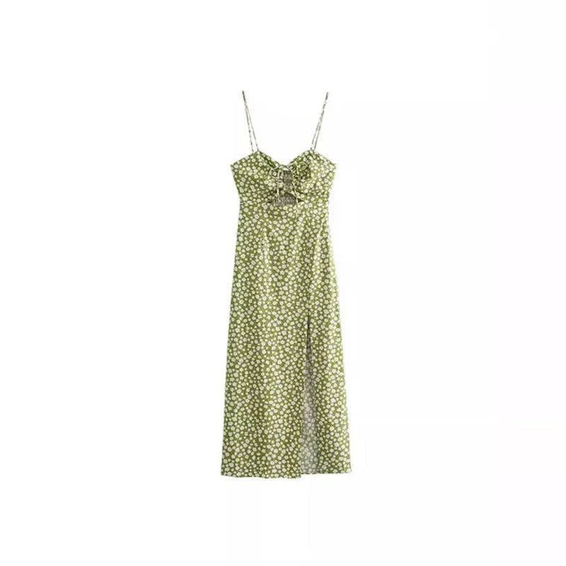 Women 2024 New Chic Fashion Printing Midi Dress Vintage Sleeveless Tie-Up Straps Female Dresses Robe Split Hip Wrap Skirt
