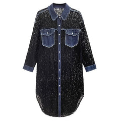 Women Denim Splice Lace Lapel Long Blouse Black Streetwear New Fashion Tide Long Sleeve Loose Fit Shirt Dress