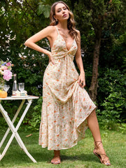 Sexy Deep V Neck Backless Sleeveless Long Strap Dresses Women Robe Vintage Floral Print Summer Dress Boho Beach Vestidos