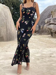 PB&ZA 2024 Women'S Summer New Fashionable Casual Bra Print Lotus Leaf High Waist Slim Swing Hanging Strap Dress