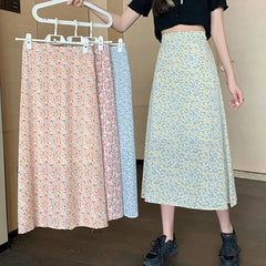 2024 Summer New High-Waisted Chiffon A- Line Skirt Women'S Long Dress Casual Loose Fashionable Medium-Length Skirts