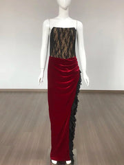 "Turn heads in our elegant lace patchwork maxi dress! 💃✨ #MaxiDress #PartyReady"