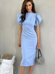 Summer New Elegant Bodycon Midi Dresses Women Casual Ruffle Sleeve Slit Office Dress Fashion Chic Female Blue Vestidos