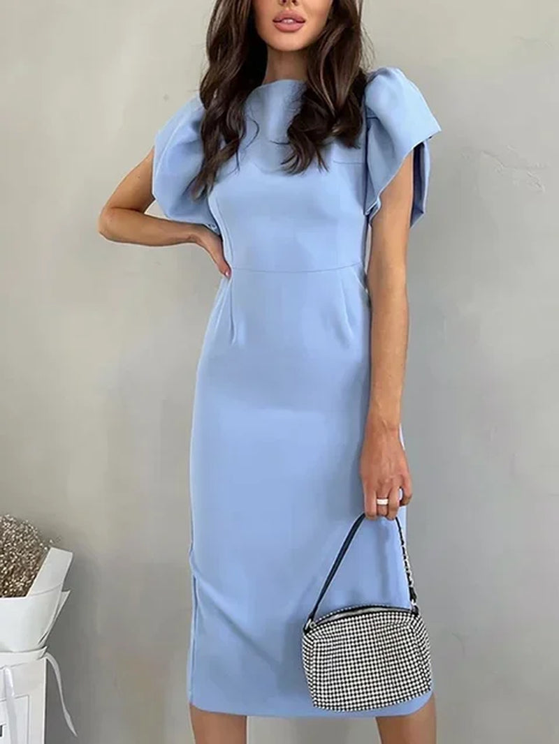 Summer New Elegant Bodycon Midi Dresses Women Casual Ruffle Sleeve Slit Office Dress Fashion Chic Female Blue Vestidos