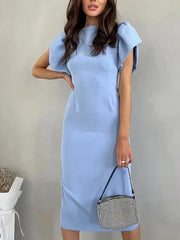 Summer New Elegant Bodycon Midi Dresses Women Casual Ruffle Sleeve Slit Office Dress Fashion Chic Female Blue Vestidos