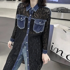 Women Denim Splice Lace Lapel Long Blouse Black Streetwear New Fashion Tide Long Sleeve Loose Fit Shirt Dress