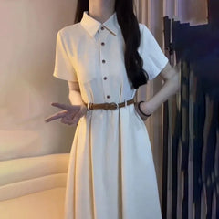 Elegant French Style Sweetpreppy Polo Dress for Women Student Summer Korean Version Waist-Fitted A- Line Skirt Belt