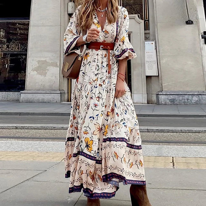 Women Bohemian Print V Neck Streetwear Dress Casual Summer Loose Long Sleeve Dress Vintage Female Slim Maxi Party Dress Vestidos