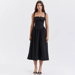 2023 Summer Black Spaghetti Strap Holiday Party Dresses Elegant Midi Button Lace up Dress Casual Women New in Dress